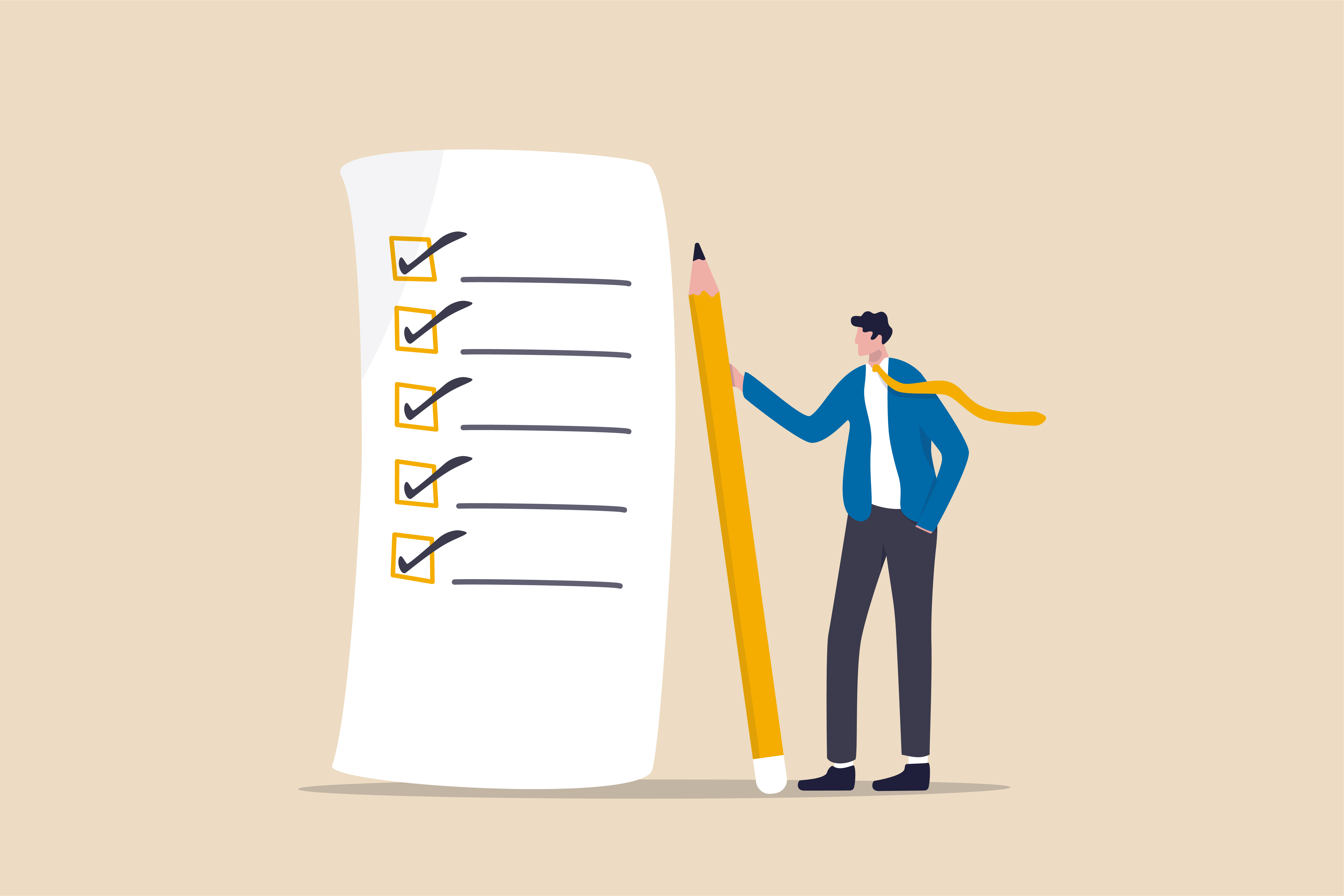 Illustration of a man holding a pencil and a large checklist.