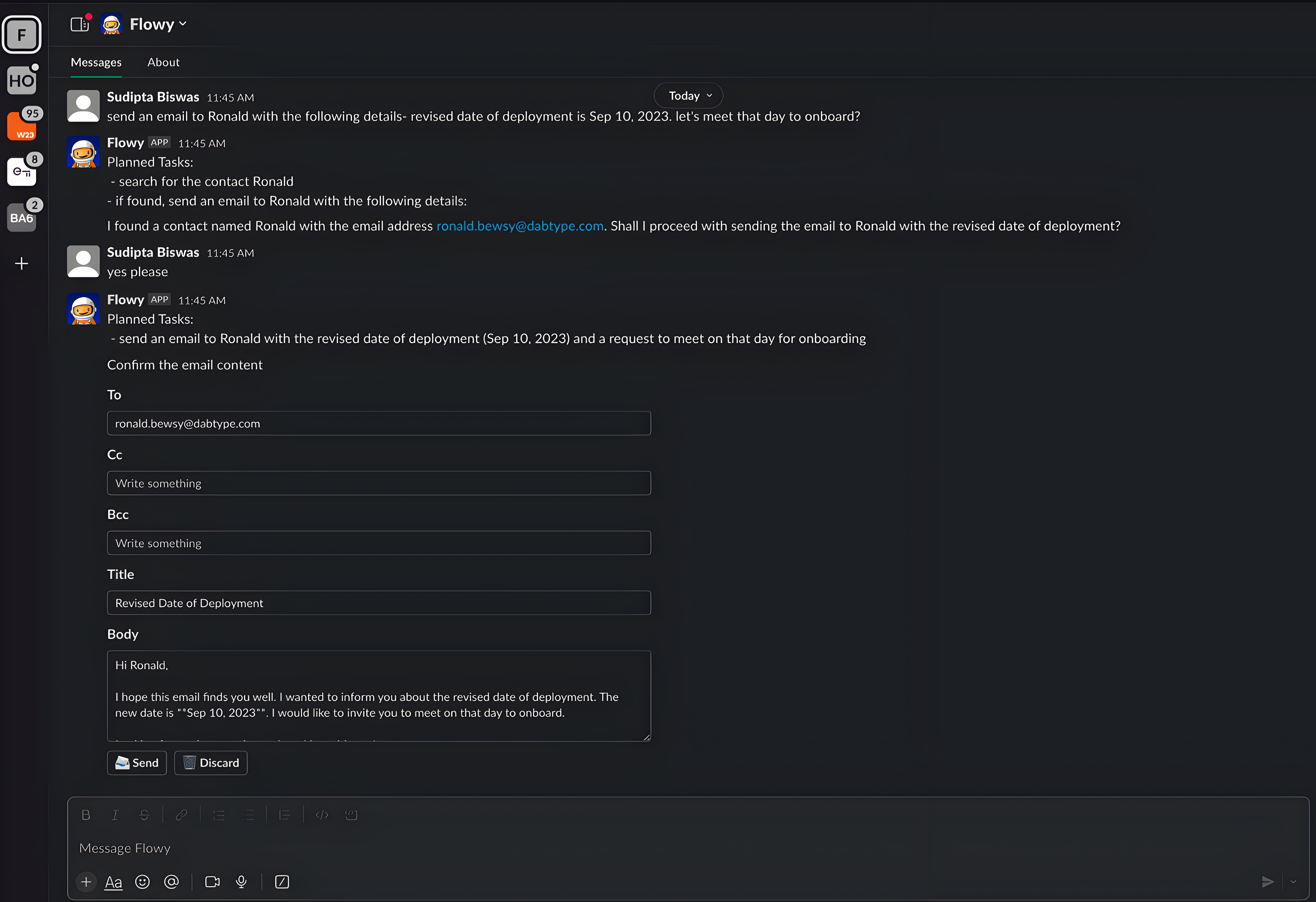 Floworks product screenshot. In Slack, there is a conversation between a worker and the Floworks chatbot asking it to set up a meeting and send an email.