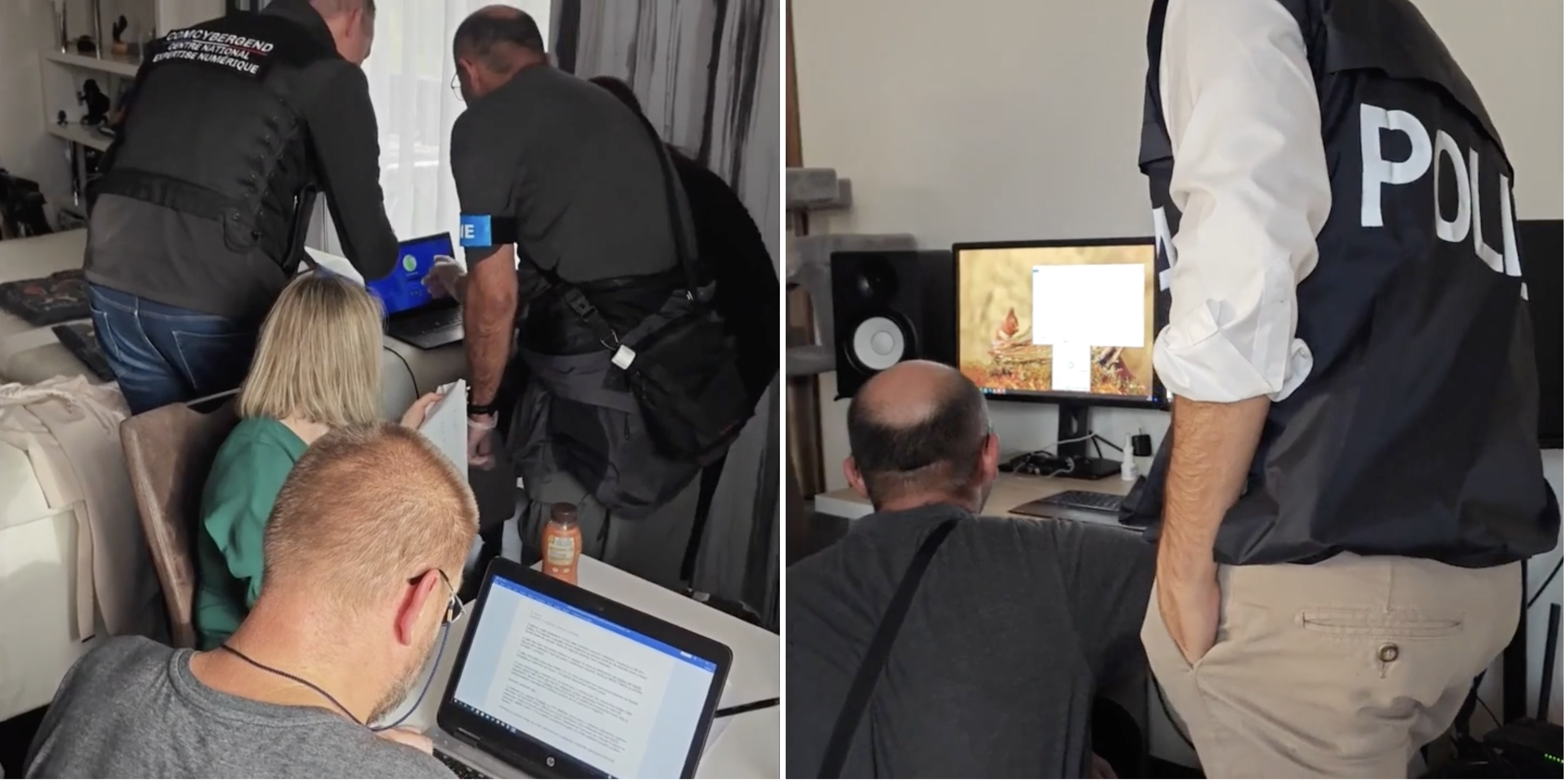 two photos of EU authorities raiding a RagnarLocker developer's home, featuring computers and other devices