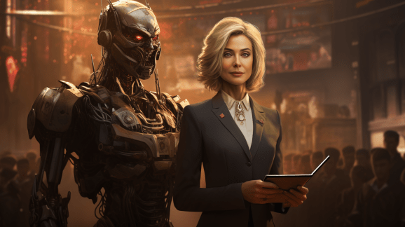 Feminine looking person with blonde bob in a charcoal suit holds a tablet, waist up view, standing beside a menacing black red eyed robot