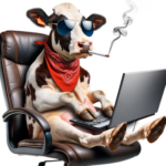 A cow sits on a brown leather office hair wearing sunglasses and a red bandana around its neck, typing on a black laptop computer with its front hooves.