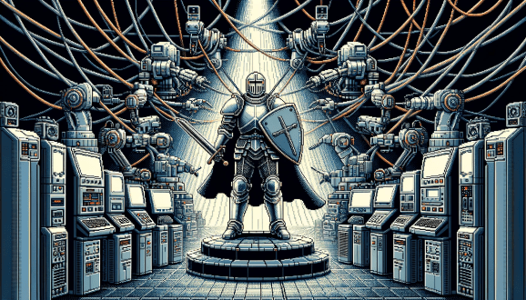 16-bit style image of a knight with a shield, standing amidst a web of connected computers, industrial robot arms, and consoles.