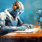 A robot fills out a form in an impressionist style digital artwork.