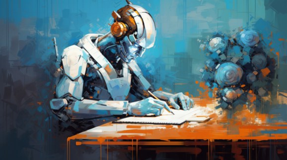 A robot fills out a form in an impressionist style digital artwork.