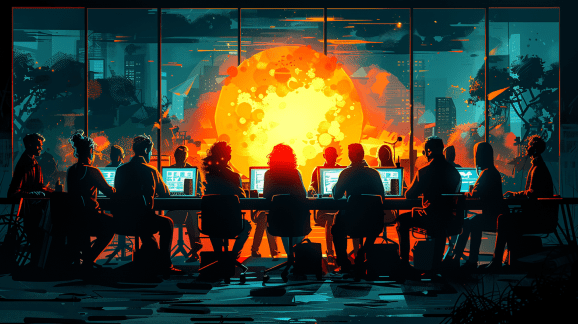 A group of office workers in silhouette seated around a table with a glowing orange fireball in the middle.