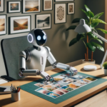 A silver humanoid robot with sleek black spherical head and glowing blue eyes uses scissors to cut out photos on a desk in a home office.