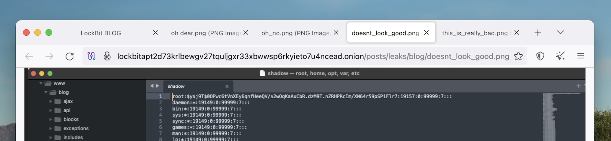 a photo of several open Tor tabs, featuring file names such as, “oh dear.png," "doesnt_look_good.png" and "this_is_really_bad.png."