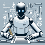 A white humanoid robot with black face and blue eyes sits holding a pencil and takes a standardized test on paper.