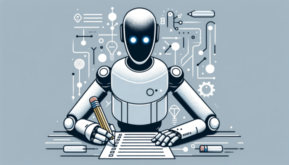A white humanoid robot with black face and blue eyes sits holding a pencil and takes a standardized test on paper.