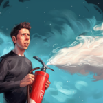 Cartoonish caricature AI illustration of Sam Altman holding a red fire extinguisher and spraying white foam against a blue backdrop