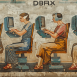 Greek tiled mosaic of people working on computers in ancient robes and togas profile view underneath text reading DBRX