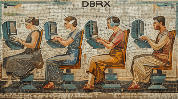 Greek tiled mosaic of people working on computers in ancient robes and togas profile view underneath text reading DBRX