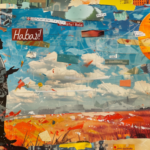 abstract expressionist, collage style scrap paper artwork of a man speaking across a landscape with illustrated text "Hello!" and "¡Hola!" and "Habari!" and other letters swirling around him