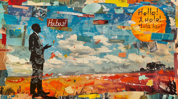 abstract expressionist, collage style scrap paper artwork of a man speaking across a landscape with illustrated text "Hello!" and "¡Hola!" and "Habari!" and other letters swirling around him