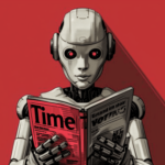 A robot reads TIME Magazine against a red backdrop