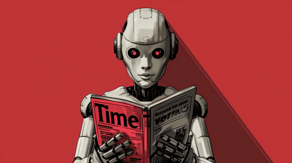 A robot reads TIME Magazine against a red backdrop