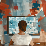 A brown haired woman sitting in front of a computer surrounded by burnt orange colored and blue puzzle pieces in the air around her