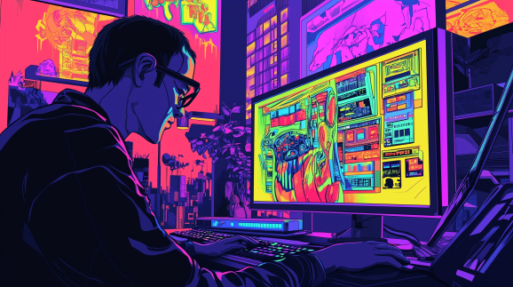 Synthwave purple and orange and yellow neon hued image of masculine designer with close cropped dark hair and glasses looking at computer monitor with colorful pop artwork on it